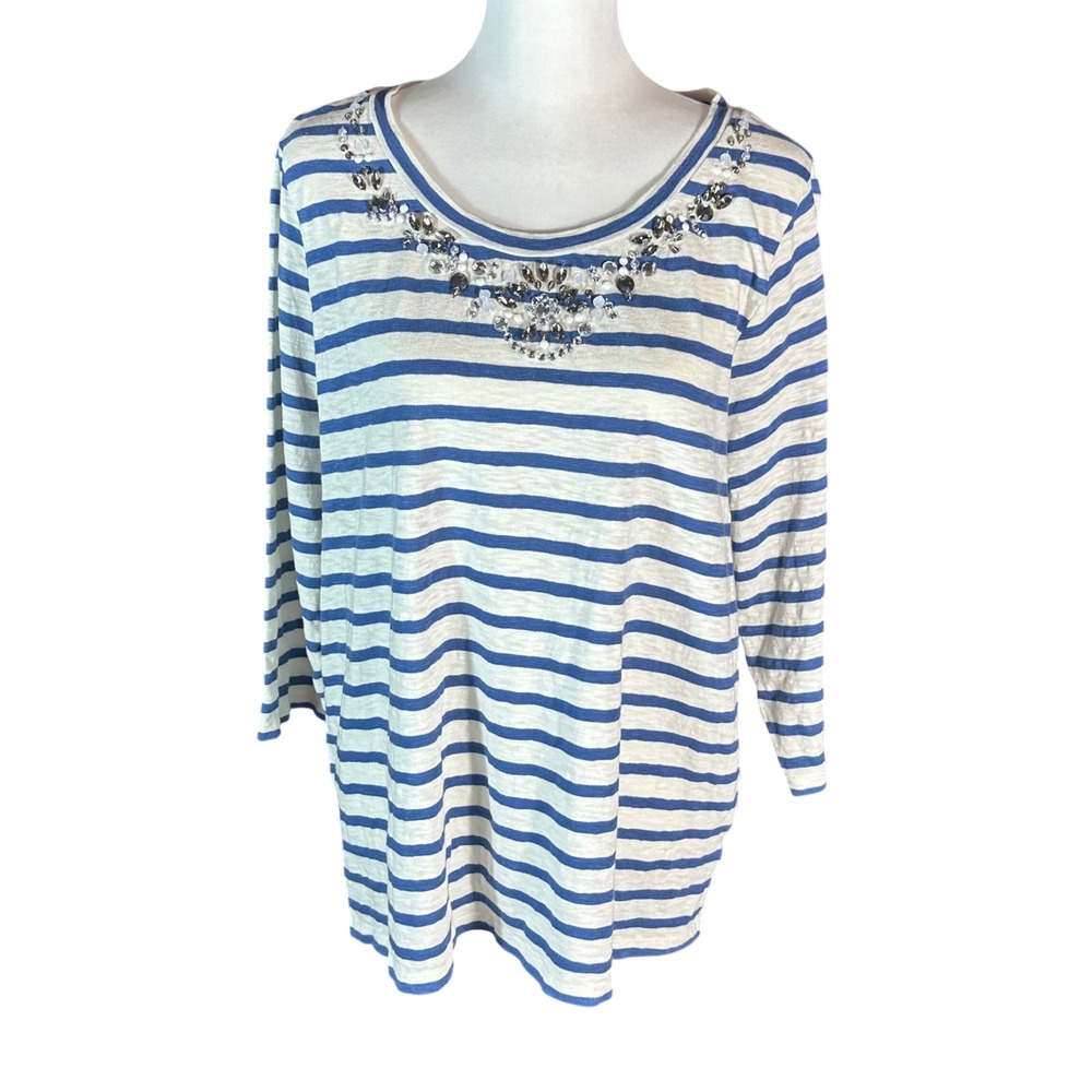 Talbots Top Women 1X Blue White Striped Beaded Neck 3/4 Sleeve Cotton